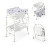 CostwayTable à Langer Bébé avec Baignoire 20L Pliante 4 en 1 Coussin en PVC 4 Roues Universelles Maximum 35 Kg 0-12 Mois Blanc