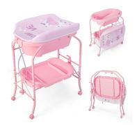 CostwayTable à Langer Bébé avec Baignoire 20L Pliante 4 en 1 Coussin en PVC 4 Roues Universelles Maximum 35 Kg 0-12 Mois Rose