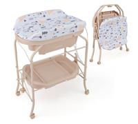 CostwayTable à Langer Bébé avec Baignoire 20L Pliante 4 en 1 Coussin en PVC 4 Roues Universelles Maximum 35 Kg 0-12 Mois Beige