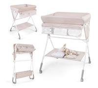 CostwayTable à Langer Pliable pour Bébé avec Hauteur Réglable sur 3 Niveaux Poubelle Panier de Rangement Etagère Roues Verrouillables Beige