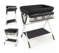 CostwayTable à Langer Pliante pour Bébé Table à Langer Portable Réglable en Hauteur sur 3 Niveaux avec Roulettes Étagère et Panier Station Noir