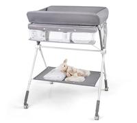 CostwayTable à Langer Pliante pour Bébé Table à Langer Portable Réglable en Hauteur sur 4 Niveaux avec Roulettes Étagère et Panier Station Gris