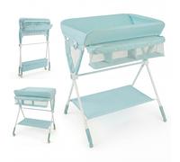 CostwayTable à Langer Pliante pour Bébé Table à Langer Portable Réglable en Hauteur sur 5 Niveaux avec Roulettes Étagère et Panier Station Vert