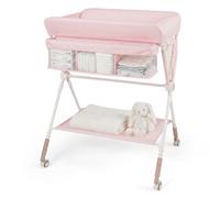 CostwayTable à Langer Pliante pour Bébé Table à Langer Portable Réglable en Hauteur sur 7 Niveaux avec Roulettes Étagère et Panier Station Rose