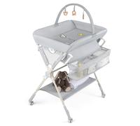 CostwayTable a Langer Pliante & Réglable en 3 Hauteurs avec Rangements Roues Verrouillables et Jouets en Bois pour 0-12 Mois Charge 25KG Gris