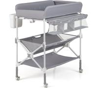 CostwayTable à Langer Portable pour Bébé avec Roulettes Station Pliable Imperméable à Hauteur Réglable Étagères et Poubelle Organiseur Gris