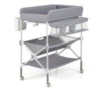 CostwayTable à Langer Portable pour Bébé avec Roulettes Station Pliable Imperméable à Hauteur Réglable Étagères et Poubelle Organiseur Gris