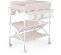 CostwayTable à Langer Portable pour Bébé avec Roulettes Station Pliable Imperméable à Hauteur Réglable Étagères et Poubelle Organiseur Rose