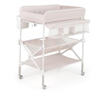 CostwayTable à Langer Portable pour Bébé avec Roulettes Station Pliable Imperméable à Hauteur Réglable Étagères et Poubelle Organiseur Rose
