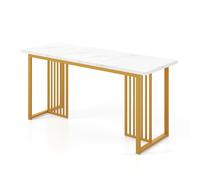 CostwayTable à Manger Moderne pour 6-8 Personnes Table de Cuisine Rectangulaire 160 CM avec Plateau en Faux Marbre Pieds Métalliques Or & Blanc