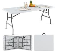CostwayTable à Manger Pliante 180 CM Table en Plastique Robuste avec Poignée Pieds en Métal & Patins Antidérapants Table Utilitaire Longue en Deux