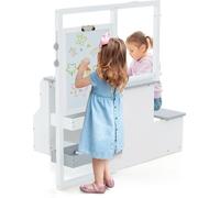 Costway Table Enfant 4 En 1 Avec Tabouret, Table 2 Face Blanc & Noir, Rouleau De Papier -11 Accessoires - Multi Rangement, Gris Multicolore