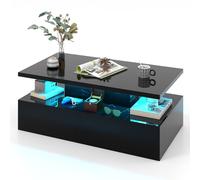 CostwayTable Basse 2 Niveaux avec lumières LED 20 Couleurs 110x60x40CM Table de Salon Contemporain avec Télécommande Noir Brillant