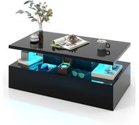 CostwayTable Basse 2 Niveaux avec lumières LED 20 Couleurs 110x60x40CM Table de Salon Contemporain avec Télécommande Noir Brillant