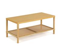 CostwayTable Basse 2 Niveaux en Bohème Table Rectangulaire avec Cadre en Bois d?Hévéa Étagère de Rangement en Rotin PVC Plateau 100x52x45cm Naturel
