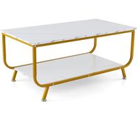 CostwayTable Basse à 2 Niveaux avec Plateau Imitation Marbre 105x55x46,5 CM Table de Salon Moderne avec Structure en Métal Blanc