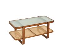CostwayTable Basse à 2 Niveaux en Verre Trempé Table de Salon Rectangulaire avec Étagère en Rotin Tressé Bout de Canapé 105 x 50,5 x 45 cm Marron
