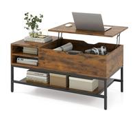 CostwayTable Basse à Plateau Relevable avec Compartiment Caché Table en Bois pour Salon avec Étagère de Rangement Table de Centre Brun Rustique