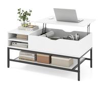 CostwayTable Basse à Plateau Relevable avec Compartiment Caché Table en Bois pour Salon avec Étagère de Rangement Table de Centre Blanc