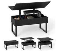 CostwayTable Basse à Plateau Relevable Table 3-en-1 Convertible avec 3 Compartiments de Rangement Cachés Table Moderne Centrale en Bois Noir