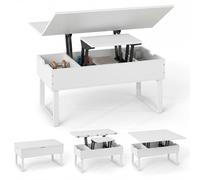 CostwayTable Basse à Plateau Relevable Table 3-en-1 Convertible avec 4 Compartiments de Rangement Cachés Table Moderne Centrale en Bois Blanc
