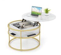 CostwayTable Basse à Plateau Relevable Table d'Appoint Ronde de 80 cm avec Compartiment Caché et Étagères Latérales Blanc