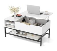CostwayTable Basse à Plateau Relevable Table de Salon avec Compartiment Caché et Etagère de Rangement Amovible Table Centrale Rabattable Blanc
