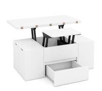 CostwayTable Basse avec Plateau Relevable & 4 Tabourets de Rangement Meuble d?Appoint 3 en 1 pour Salon Compartiment Caché pour 4-8 Personnes Blanc