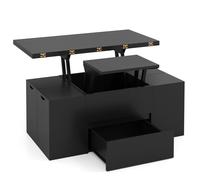 CostwayTable Basse avec Plateau Relevable & 4 Tabourets de Rangement Meuble d?Appoint 3 en 1 pour Salon Compartiment Caché pour 4-8 Personnes Noir