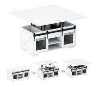 CostwayTable Basse avec Plateau Relevable Table Centrale Style Ferme avec 2 Portes Coulissantes de Grange Étagères Ouvertes Rangement Cachés Blanc