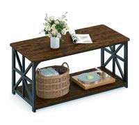 CostwayTable Basse de Salon à 2 Plateaux Table de Café avec Barres Renforcées Style Industriel Cadre en Métal Charge 100kg 109x50x48CM Marron
