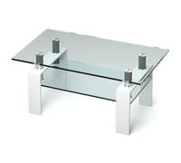 CostwayTable Basse en Verre Design avec Etagère Plateau en Verre Trempé Tube en Acier Inoxydable Pied en Acier 99x60x44,5CM Jusqu?à 130KG Blanc