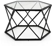 CostwayTable Basse Géométrique avec Plateau en Verre Trempé Table d Appoint Hexagonale Style Moderne pour Salon 65x56x40cm Noir