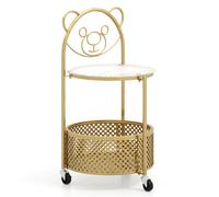 CostwayTable Basse Mobile en Verre pour Enfant Table d'Appoint à 2 Niveaux Motif Ours Panier de Rangement Table à Roulettes Verrouillables Doré
