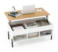 CostwayTable Basse Plateau Relevable avec 3 Compartiments et Rangement Caché Table de Salon à Pied en Métal avec Levage Pneumatique Blanc