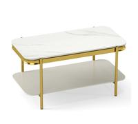 CostwayTable Basse Rectangulaire à 2 Niveaux Table d'Appoint en Cadre Métallique Robuste avec Plateau en Pierre Frittée&Étagère de Rangement Blanc