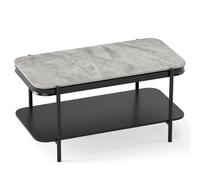 CostwayTable Basse Rectangulaire à 2 Niveaux Table d'Appoint en Cadre Métallique Robuste avec Plateau en Pierre Frittée & Étagère de Rangement Gris