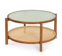 CostwayTable Basse Ronde Table Basse à 2 Niveaux avec Plateau en Verre Trempé Pieds en Bois d?Acacia Étagère Ouverte en Rotin 88 x 88 x 45 cm Noyer