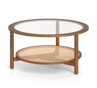 CostwayTable Basse Ronde Table de Salon 2 Niveaux avec Plateau Verre Trempé Étagère en Rotin Synthétique Patins Antidérapants en Bohème Noyer