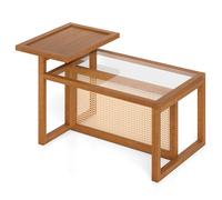 CostwayTable Basse Salon 2 Étagère avec Verre Trempé Motifs en Osier Table d'Appoint Gigognes 102 x 56 x 56 CM Capacité de Charge 100 KG Naturel
