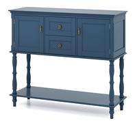 CostwayTable Console d'Entrée avec 2 Portes 2 Tiroirs Plateau Spacieux Étagère Ouverte Poignées Pieds Tournés en Pin Table Derrière Bleu
