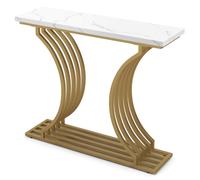 CostwayTable Console Imprimée Marbre 100 x 29,5 x 80,5 cm (L x l x H) Cadre en Métal Doré Style Scandinave Moderne Blanc