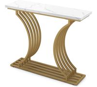 CostwayTable Console Imprimée Marbre 100 x 29,5 x 80,5 cm (L x l x H) Cadre en Métal Doré Style Scandinave Moderne Blanc