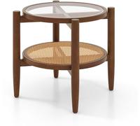 CostwayTable d Appoint Ronde en Bois Bout de Canape avec Plateau en Verre Trempé Design Cannage en Rotin PE Petite Table Basse Salon 56 x 56 x 46 cm