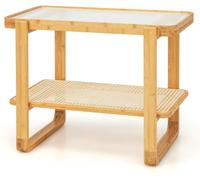 CostwayTable d'Appoint en Bambou à 2 Niveaux Plateau en Verre Table de Chevet Table Basse Compacte pour Chambre Salon Naturel