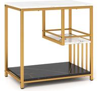 CostwayTable d'Appoint en Faux Marbre à 3 Niveaux avec Etagères de Rangement Table d'Appoint Rectangulaire de Luxe avec Cadre en Métal Doré