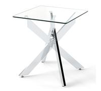 CostwayTable d'Appoint en Verre Table d'Extrémité Carrée avec Plateau en Verre Trempé et Pieds Métalliques en X Table de Chevet Moderne Argent