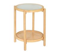 CostwayTable Basse Ronde Table Basse à 2 Niveaux avec Plateau en Verre Trempé Pieds en Bois d?Acacia Étagère Ouverte en Rotin 88 x 88 x 45 cm Noyer