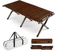 CostwayTable de Camping Pliante en Bambou à Latte Enroulable avec Sac de Transport Charge Max 50kg 122 x 60 x 43,5 cm Café