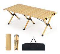 CostwayTable de Camping Pliante en Bois Table de Pique-nique 4-6 Personnes Plateau à Lattes Enroulable Sac de Transport 122 x 60 x 45 cm Naturel